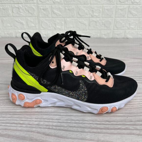 Nike React Element 55 Running Shoes SZ 6.5 Black Coral CD6964002 Lace Up Low Top - Picture 1 of 13